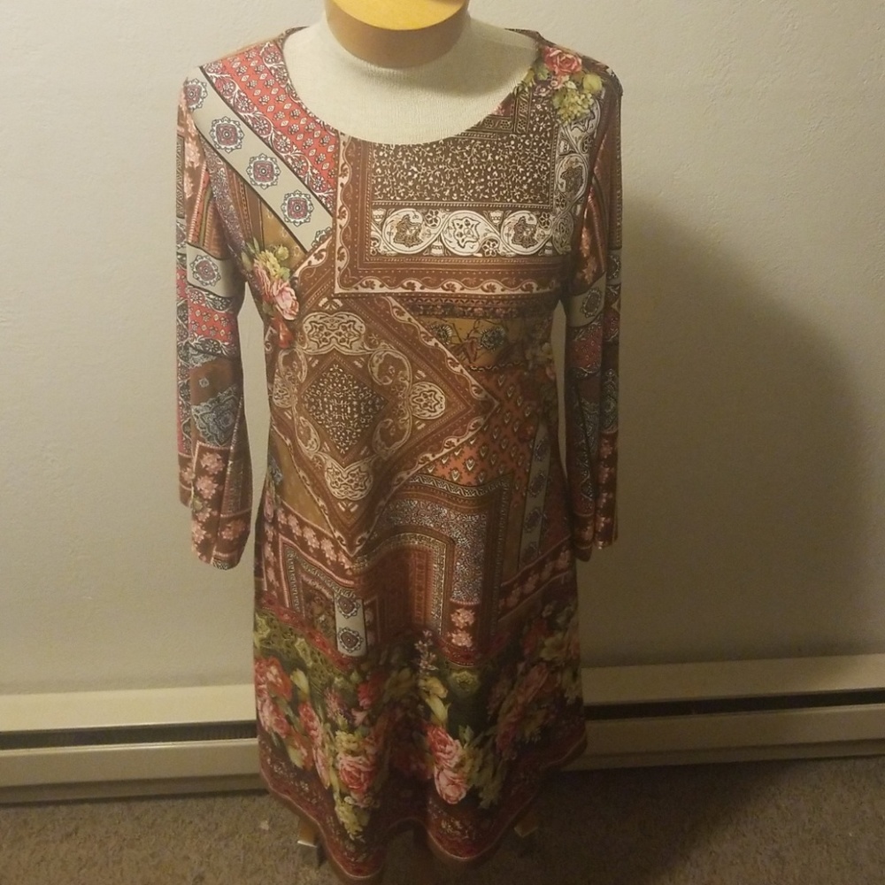 Tacera Patchwork and Floral Printed Dress Size Med